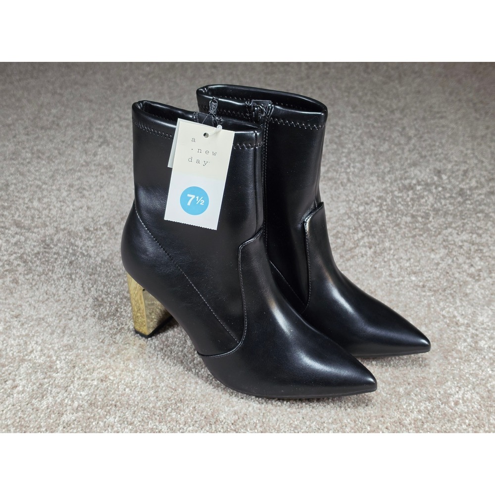 A New Day Sienna Black Pointed Toe Ankle Boots Gold Block Heel 7.5 NEW
